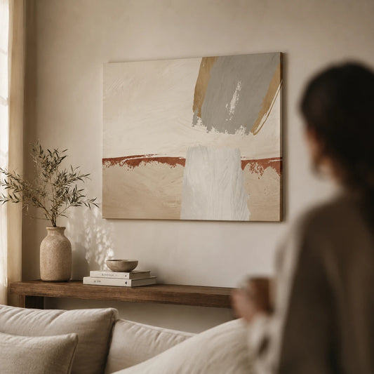 An abstract canvas painting with beige, white, gray, and terracotta brushstrokes hangs on a warm beige wall in a softly lit living room. A person is blurred in the foreground, seated near a sofa and a wooden console table with a vase and books.