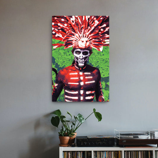 Mockup image of a vibrant canvas print featuring a tribal leader adorned in colorful body paint. The leader is standing tall with a commanding expression and is surrounded by a warm and earthy background