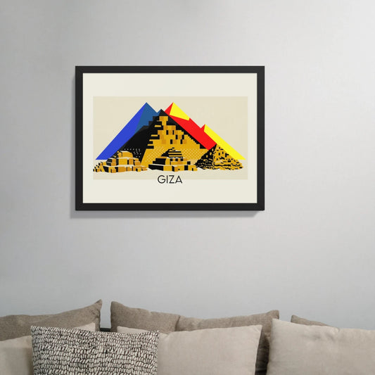Bauhaus Great Pyramids of Giza art print in a black frame with a white mount, with the Egyptian pyramids as blue, red and yellow triangles over golden textured detail on a cream background.