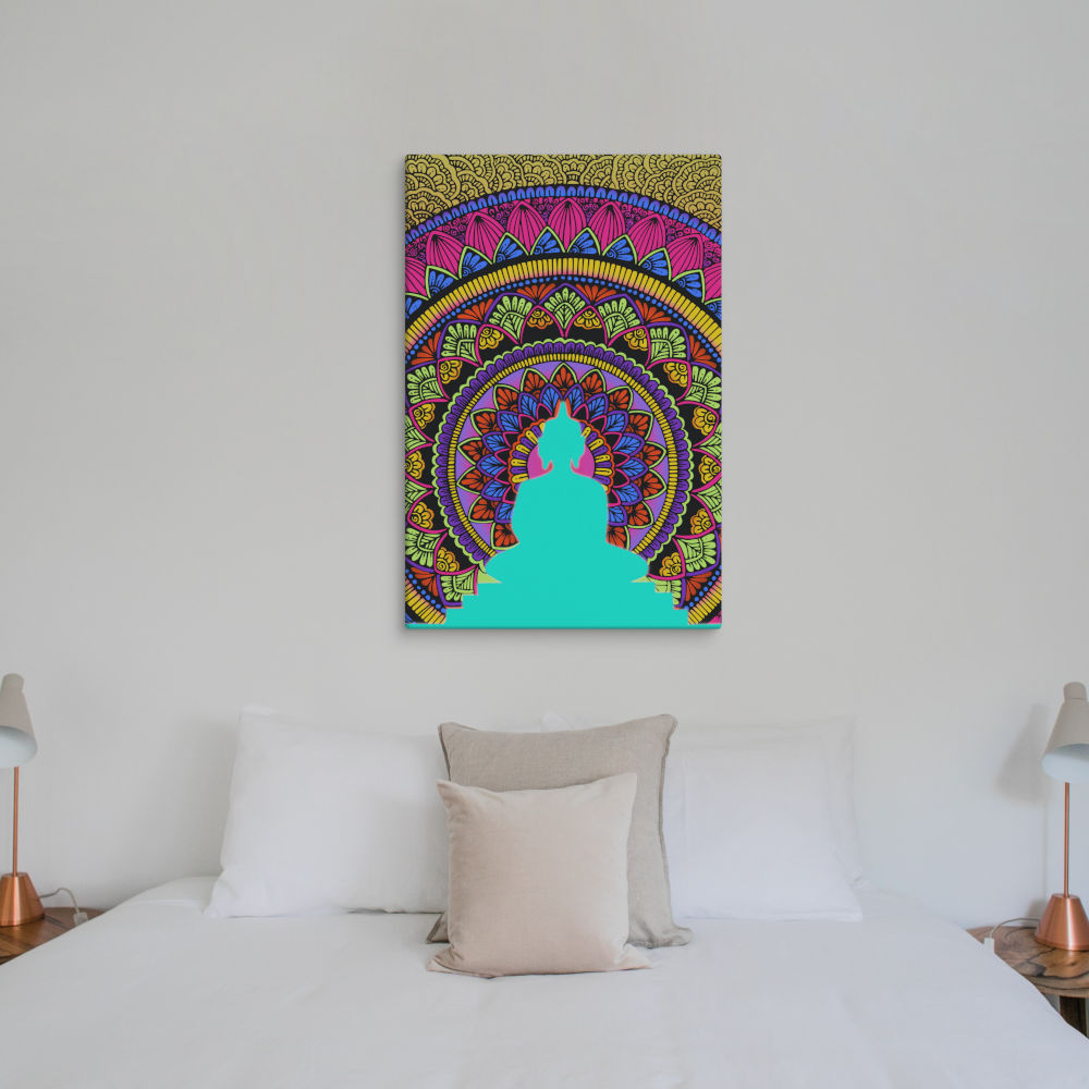 Bold mandala wall art displayed above a cozy bed with neutral tones, creating a serene and artistic bedroom centerpiece.