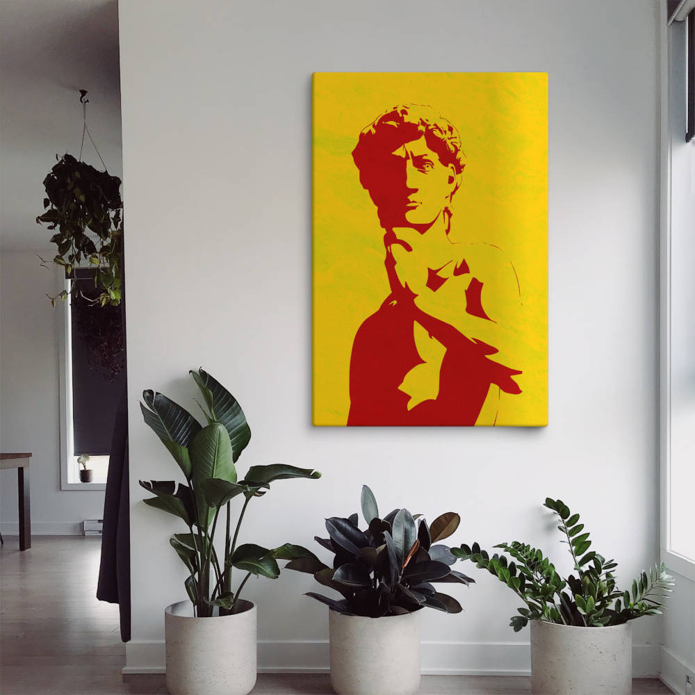 Red Classical Statue Canvas Print on a wall in a modern room with green houseplants, enhancing boho and retro decor.