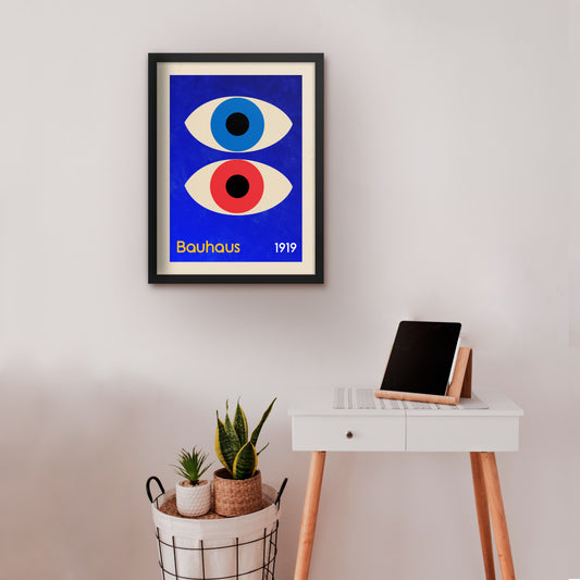 bauahus eyes on blue background framed wall art print