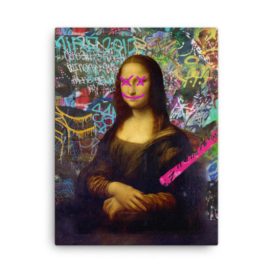 mona lisa graffitied punk rock canvas prink with spray paint 