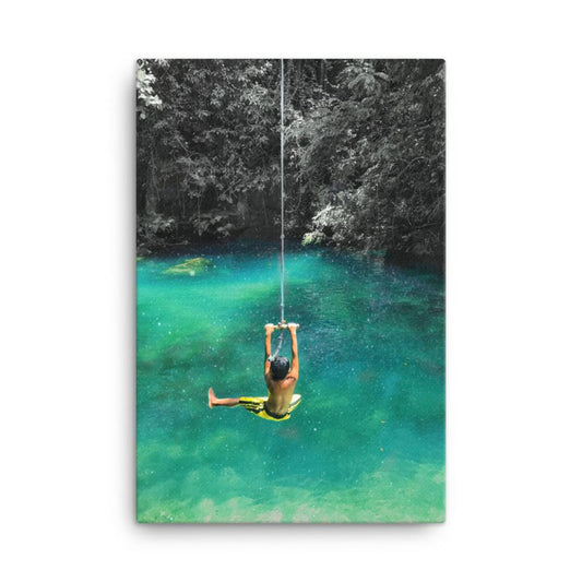 kid on rope swing with galaxy background space canvas print