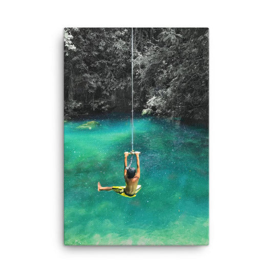 kid on rope swing with galaxy background space canvas print 