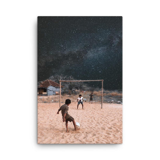 kids pplaying football with galaxy universe background in space