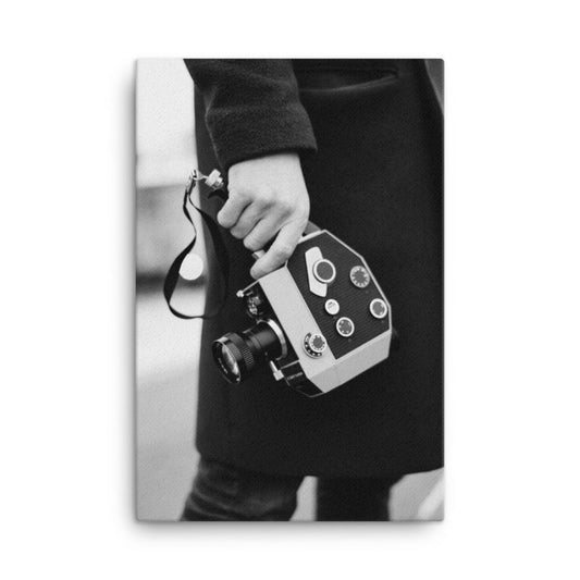 super 8 hand held camera in black and white vintage canvas wall art  
