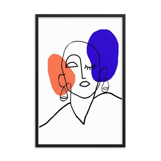 abstract line drawing of face with blue and orange spots framed poster print 