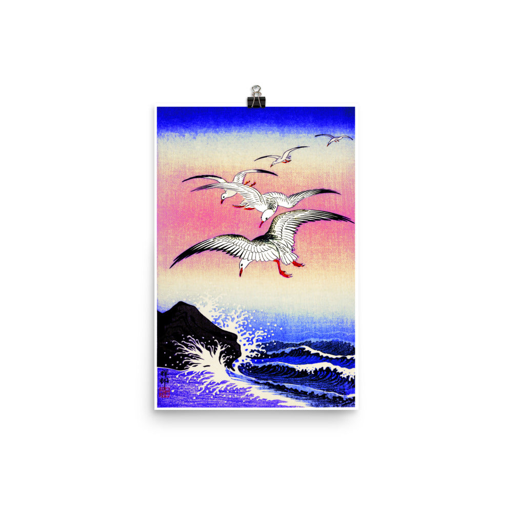 Five Seagulls above turbulent sea (1900 - 1930) by Ohara Koson Poster Print
