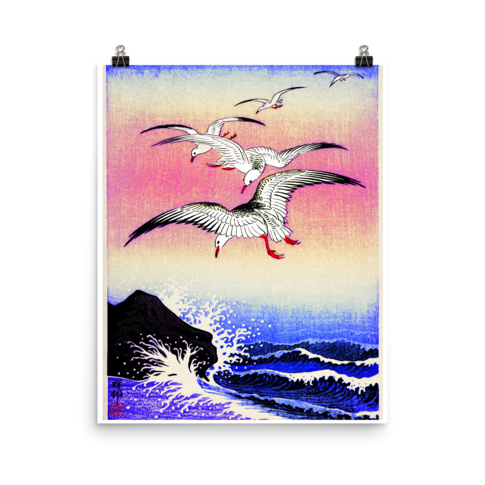Five Seagulls above turbulent sea (1900 - 1930) by Ohara Koson Poster Print