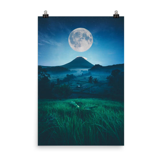 vibrant and bright moon with volcano poster wall art print