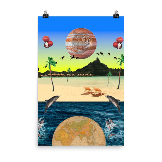 Trippy beach poster with planet, tiger, dolphins. globe and coconuts