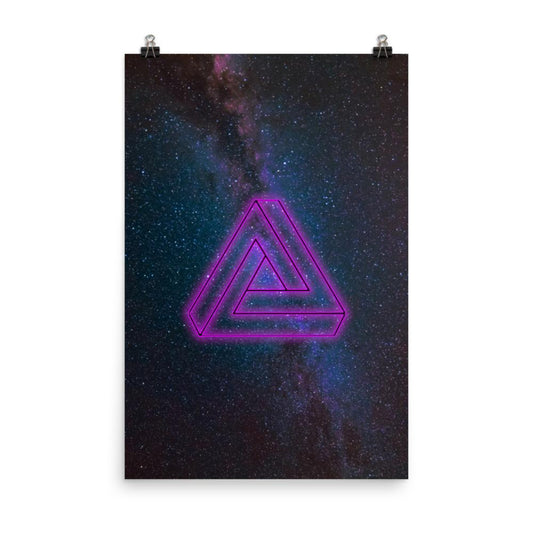 pink and black triangle in space with tricky illusion poster print 