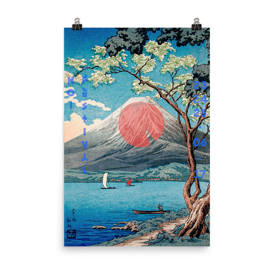 Japanese style poster wall art of mountain and fish boats and flag 
