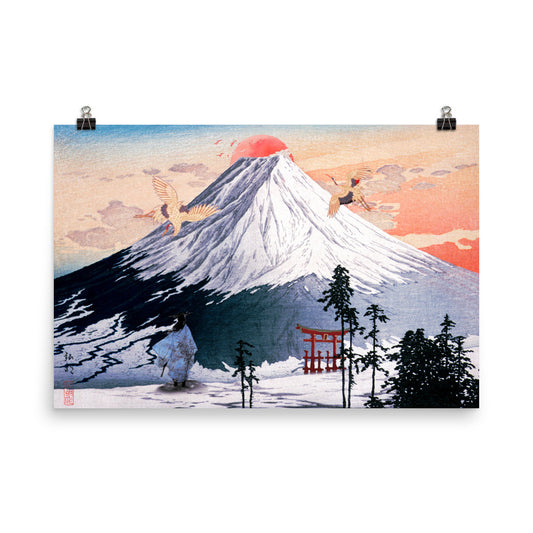 Japanese styled poster wall art print with mountain, entrance game and sumurai warrior