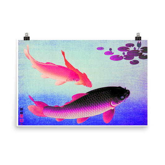 A vintage print from the collection of Japanese painter Ohara Koson. Coy fish poster wall art print