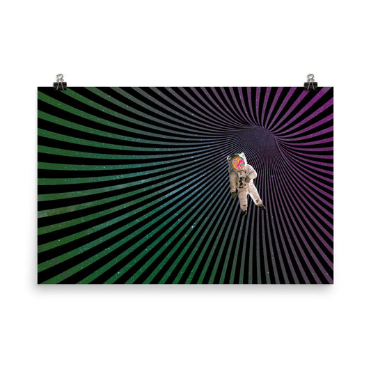 spaceman traveling through space in vortex poster print 
