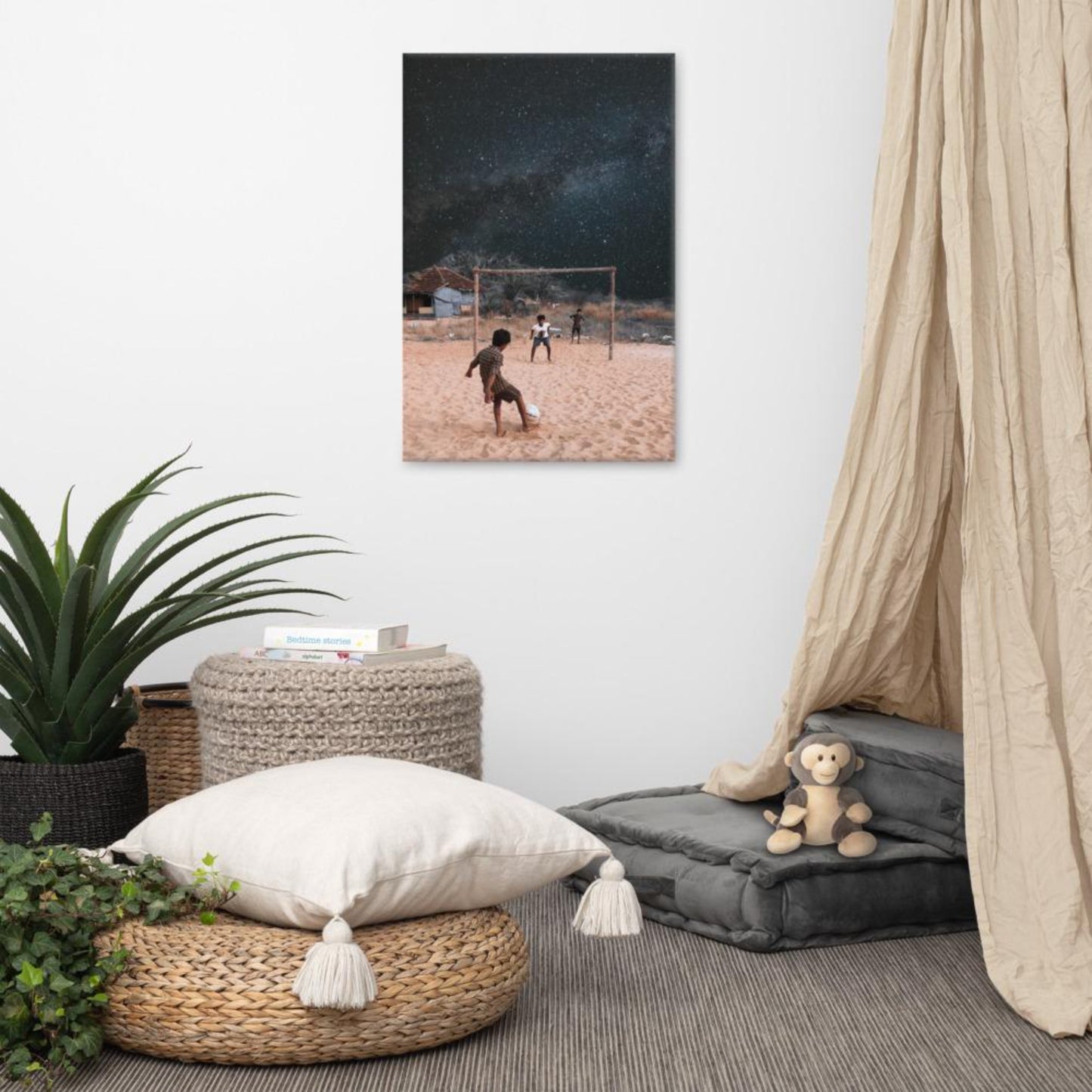 mock-up of kids pplaying football with galaxy universe background in space