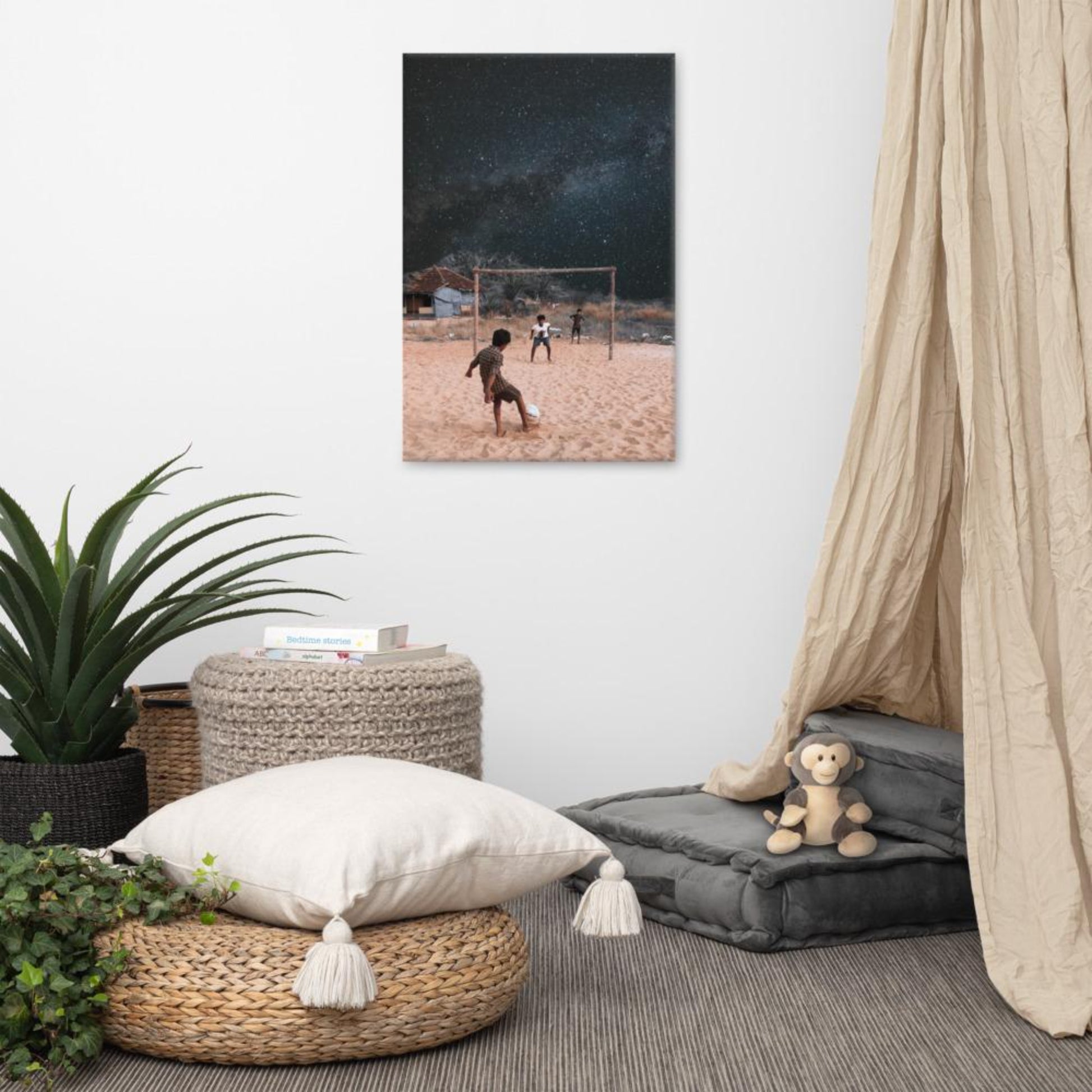 mock-up of kids pplaying football with galaxy universe background in space
