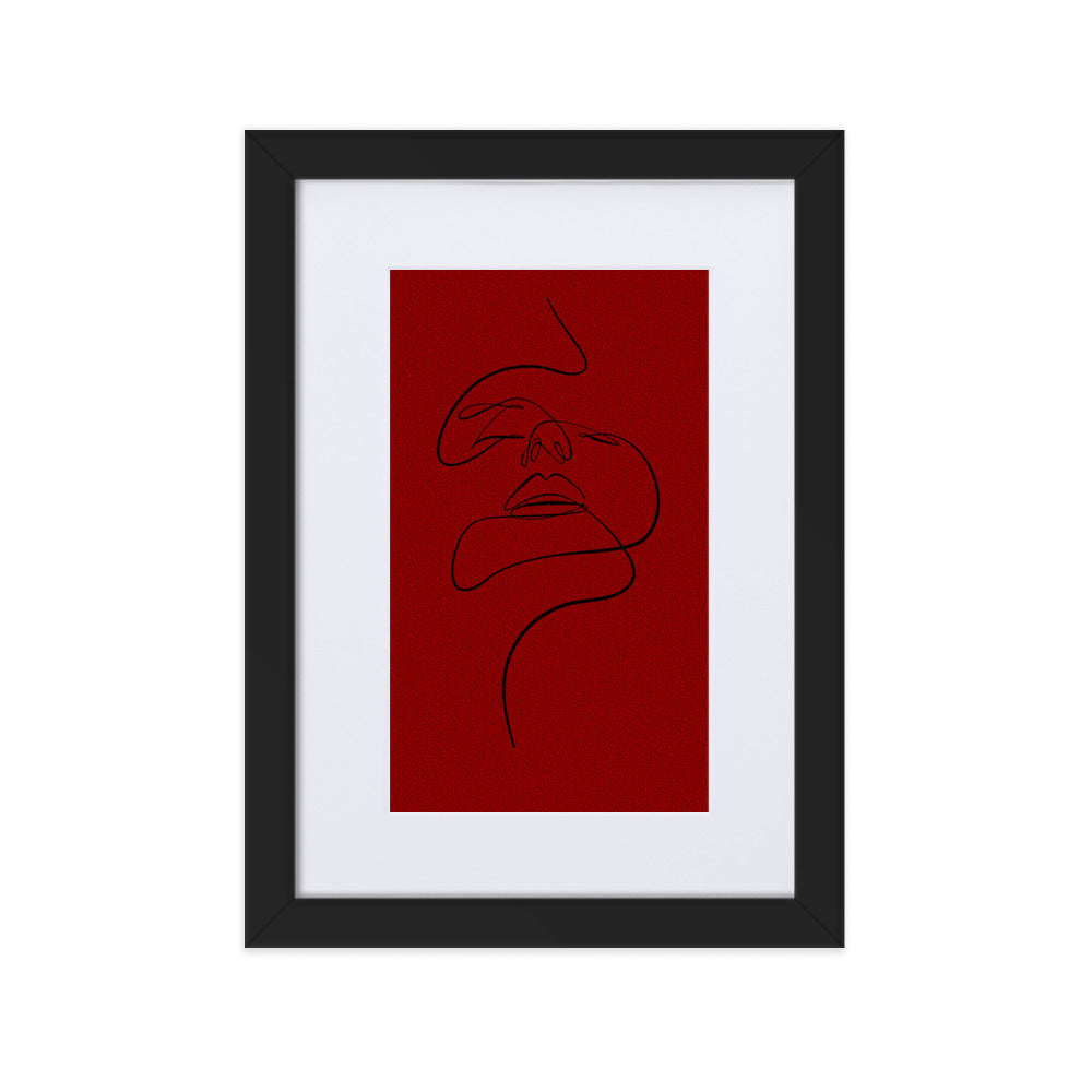 Black on Red Lined Face Framed Print With Mat