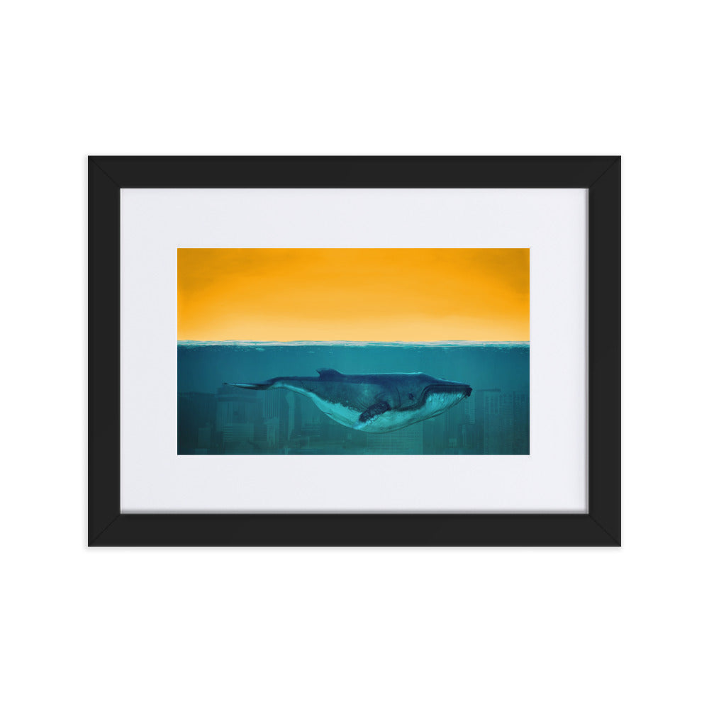 Whale Deep Blue City Framed Print With Mat Board