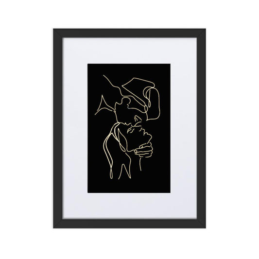 caressing heads white and gold line art framed print