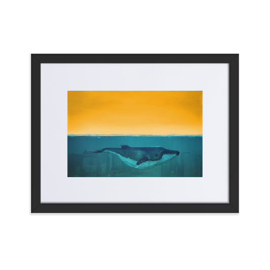 Whale Deep Blue City Framed Print With Mat Board