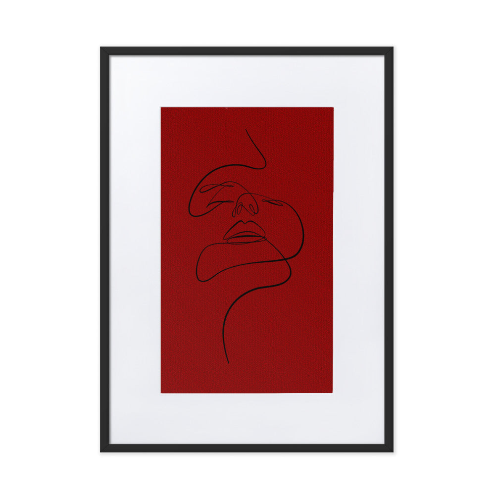 Black on Red Lined Face Framed Print With Mat