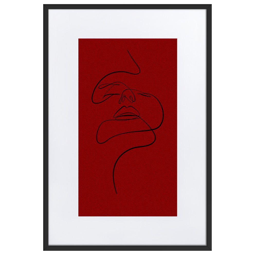 Black on Red Lined Face Framed Print With Mat