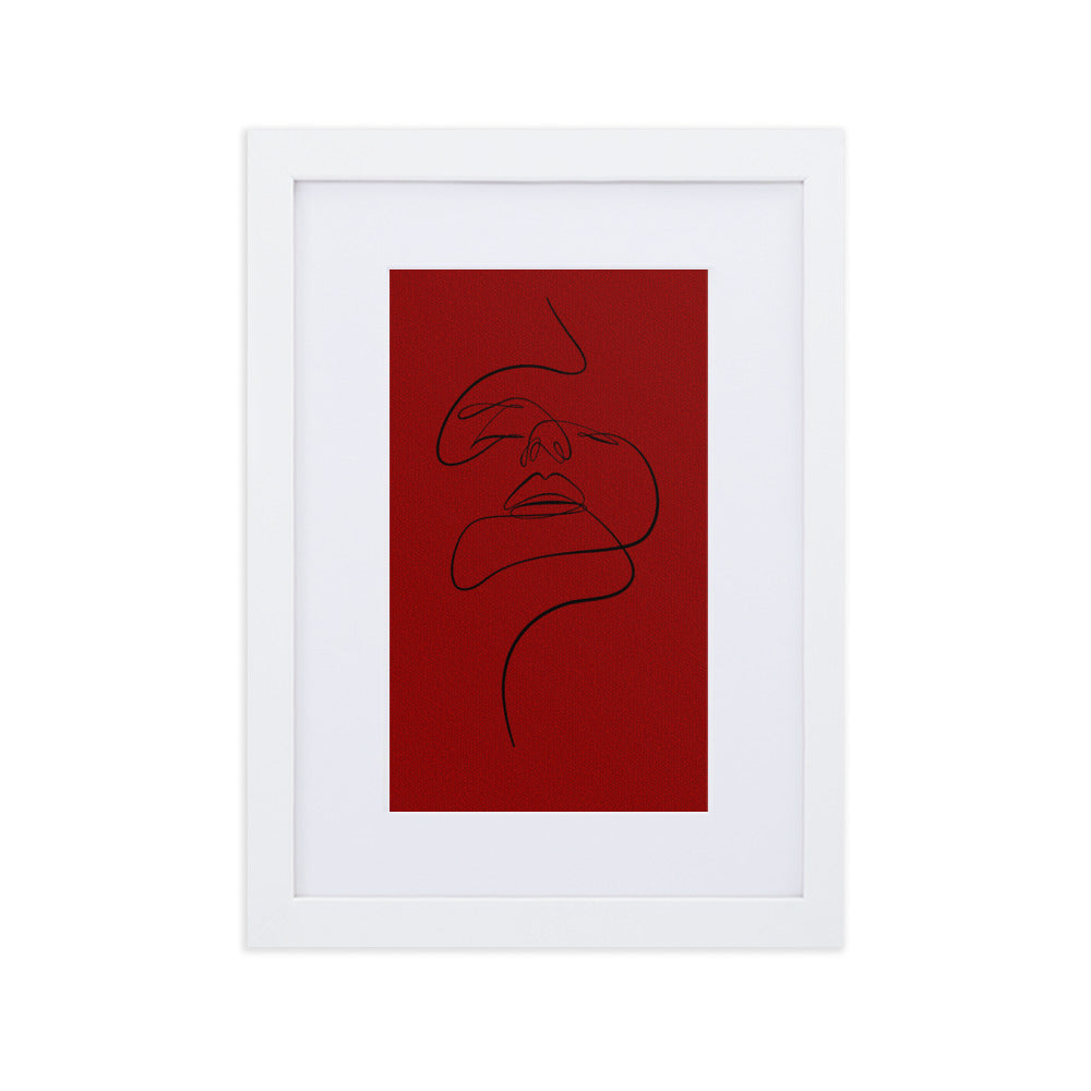 Black on Red Lined Face Framed Print With Mat