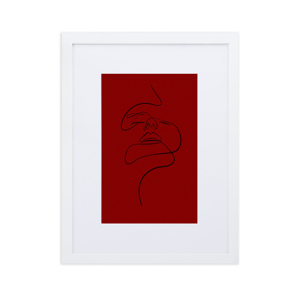 Black on Red Lined Face Framed Print With Mat