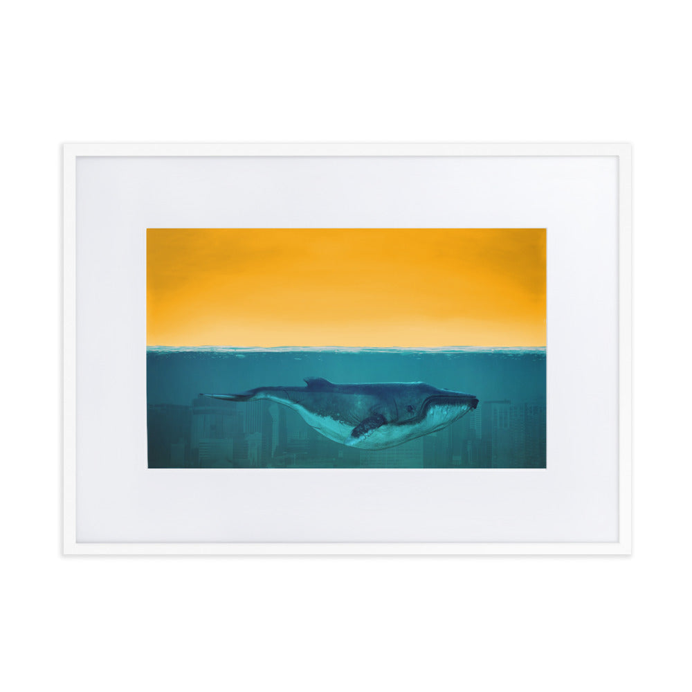 Whale Deep Blue City Framed Print With Mat Board