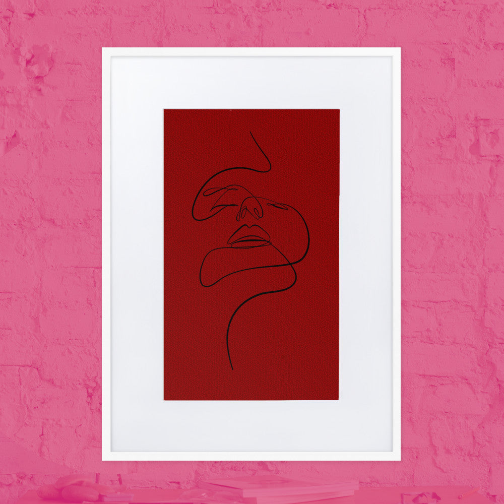 Black on Red Lined Face Framed Print With Mat