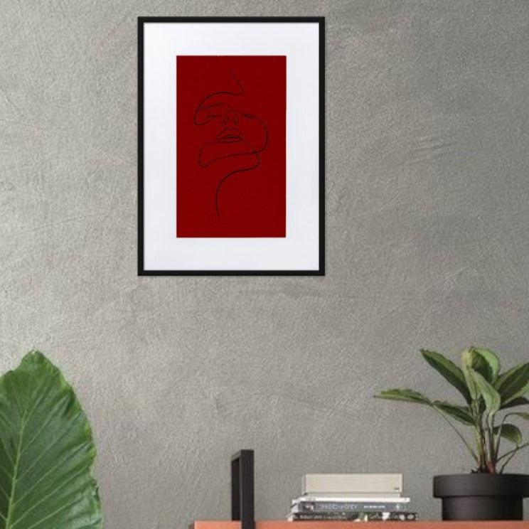 Black on Red Lined Face Framed Print With Mat