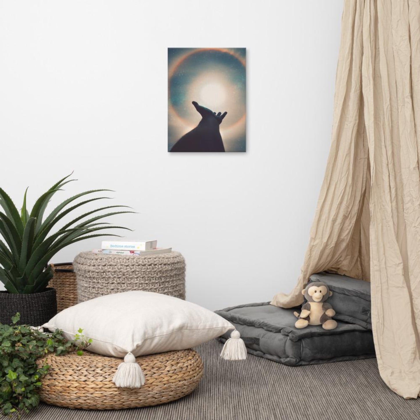 hand reaching out to touch the sky canvas wall art print mock-up