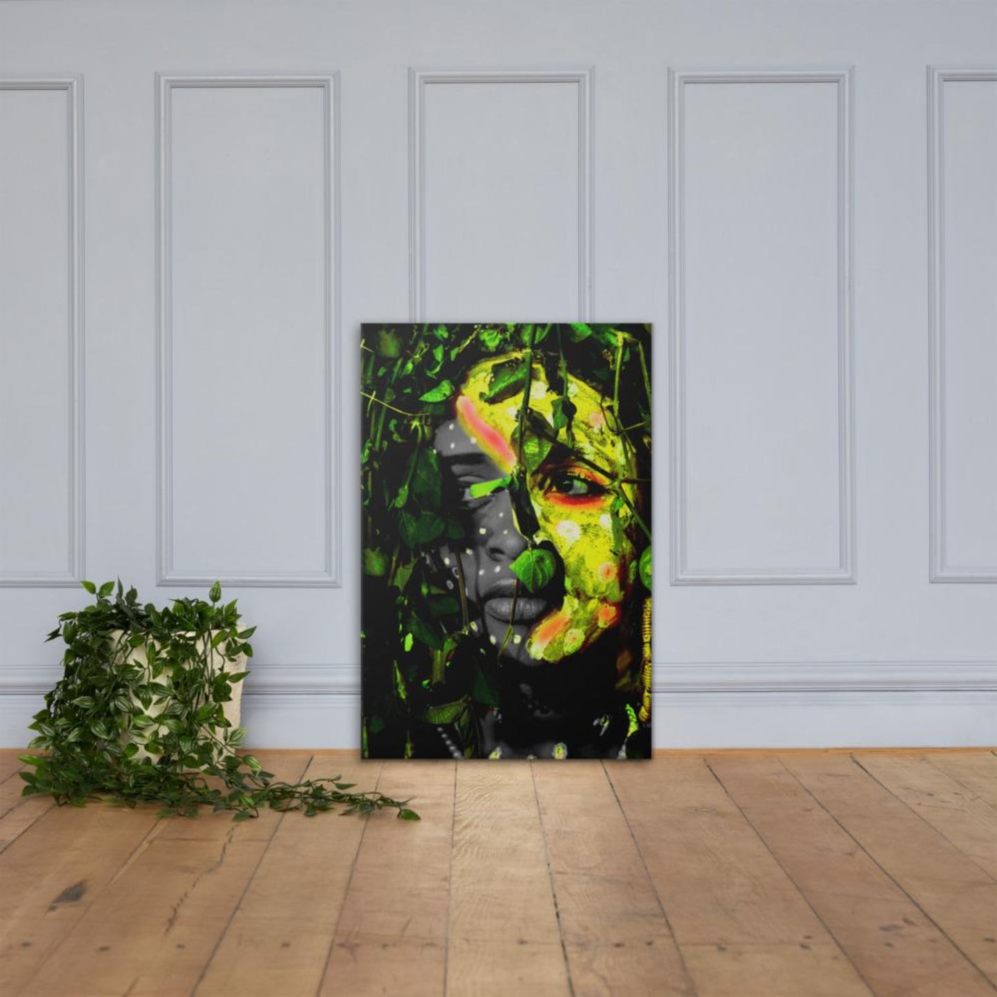 tribal woman with vibrant paint canvas wall art print mock-up