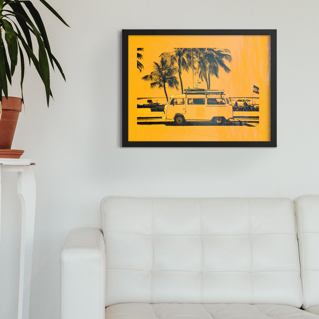 yellow campervan framed wall art