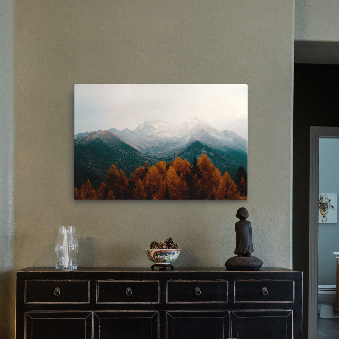 Mockup image of the artwork "Autumn Mountains Canvas Art Print" depicting a breathtaking landscape of mountains during autumn. Picturesque scene.