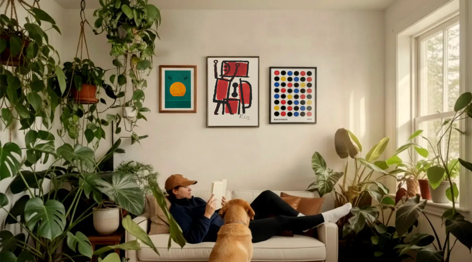 Woman reading  book with high-quality bauhaus and paul klee wall art prints hanging above