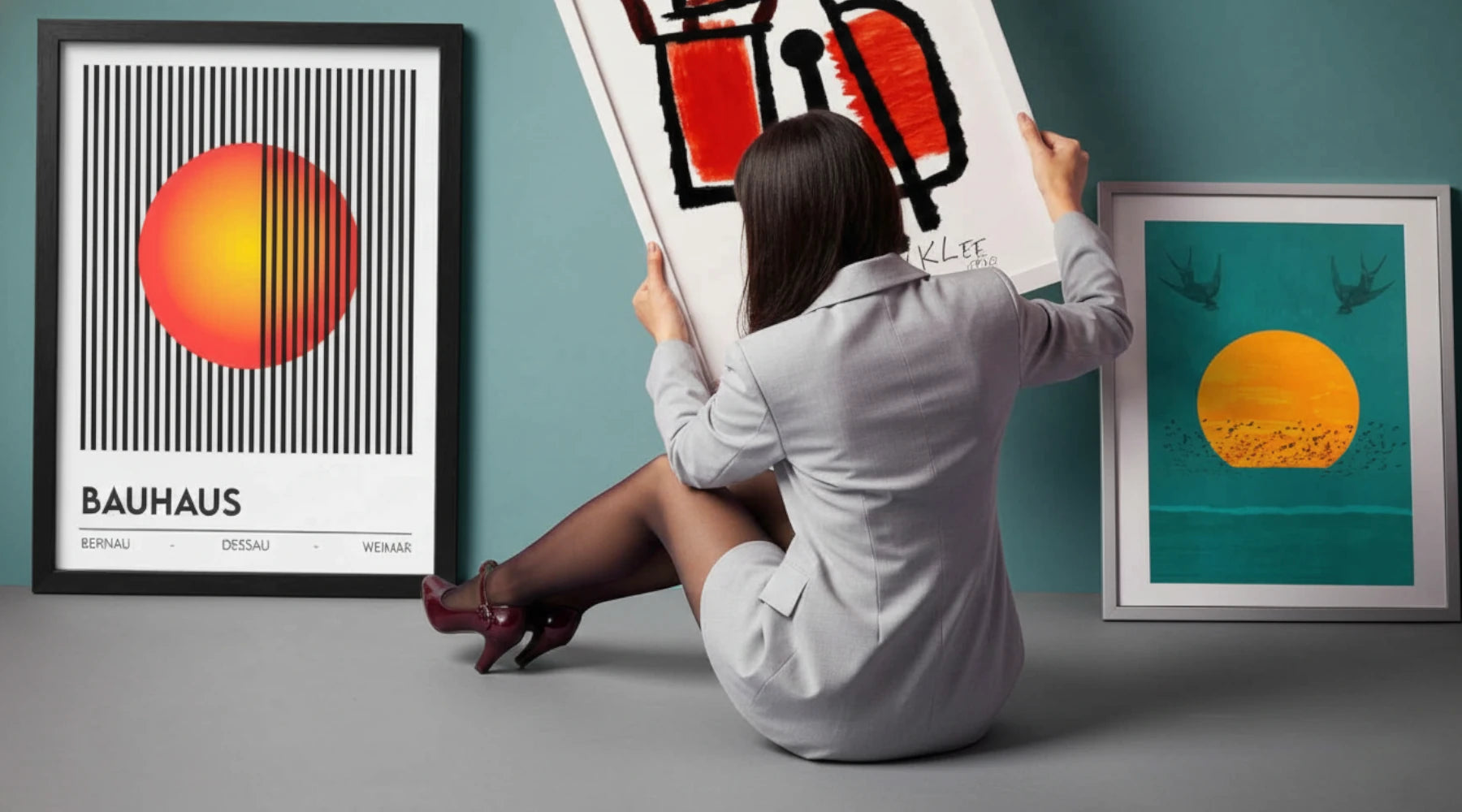 Person in a suit sitting on a chair with art prints on a green wall.