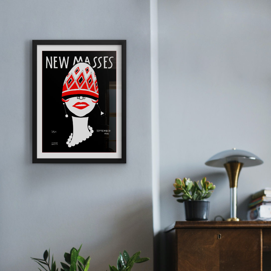 Mockup image of framed "New Masses 1926" painting by Frank Walts, expertly framed in black, capturing the bold lines and vibrant colors of the modernist movement. A stunning piece of art for any home or office.