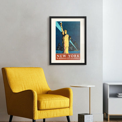 Mockup image of framed "New York, the wonder city of the world Travel by train" poster by Adolph Treidler, expertly framed in black, capturing the bustling energy of 1920s New York City.
