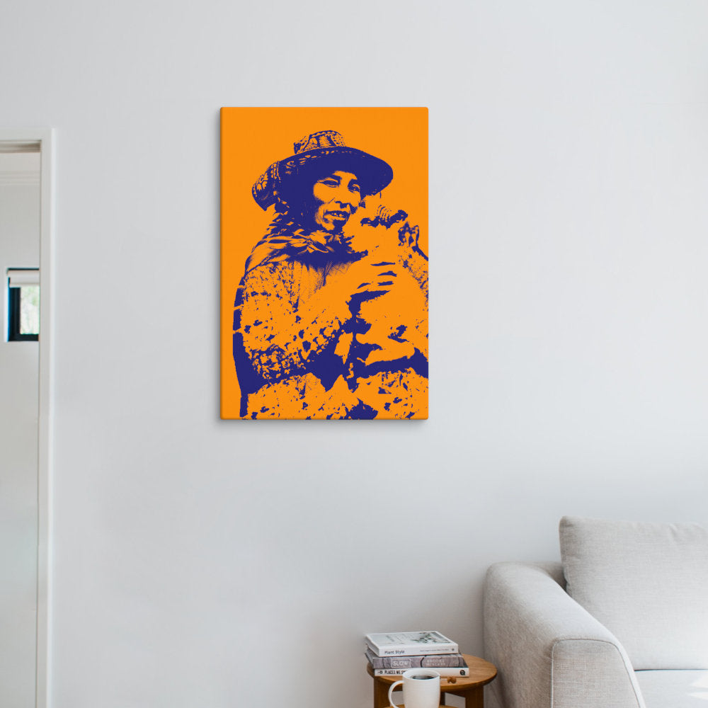 peruvian woman with a lamb vibrant canvas wall print 