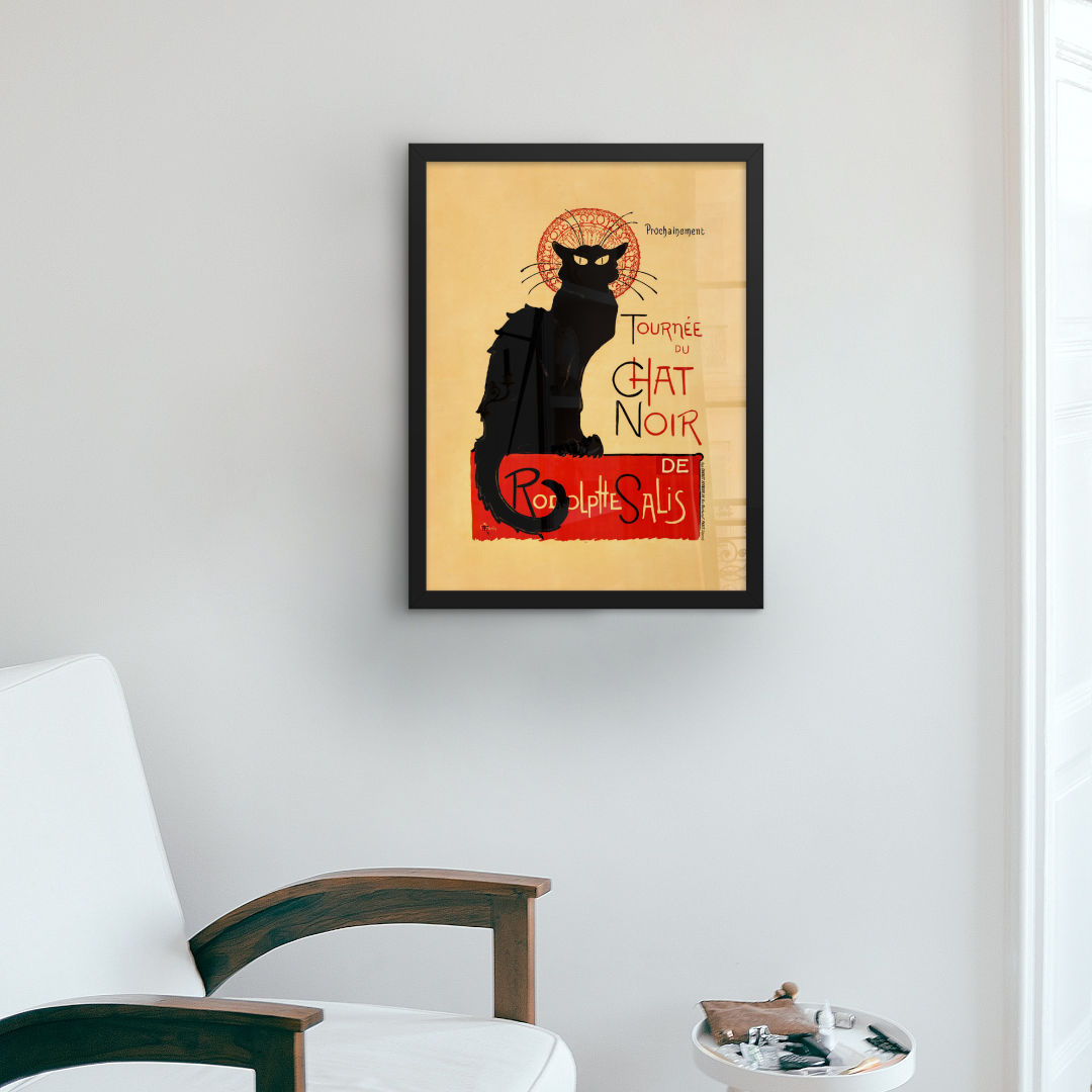 Mockup image of framed "Tournée du Chat Noir" (1896) poster by Théophile Alexandre Steinlen, expertly framed in black, featuring a black cat and the text "Tour of the Black Cat" that captures the playful spirit of the Belle Époque era. A beautiful and valuable piece of history for any home or office.