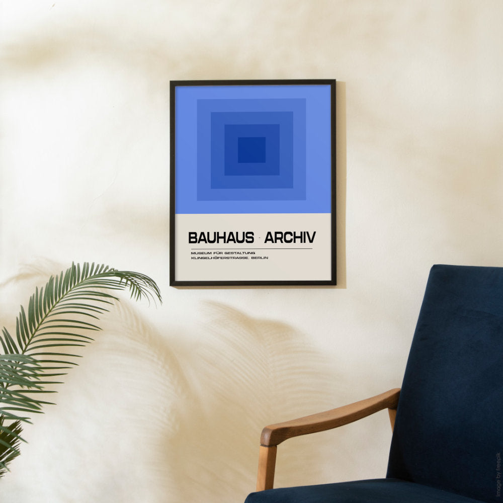 Framed Bauhaus Blue Archiv poster in black frame – geometric abstract wall art perfect for modern interiors.