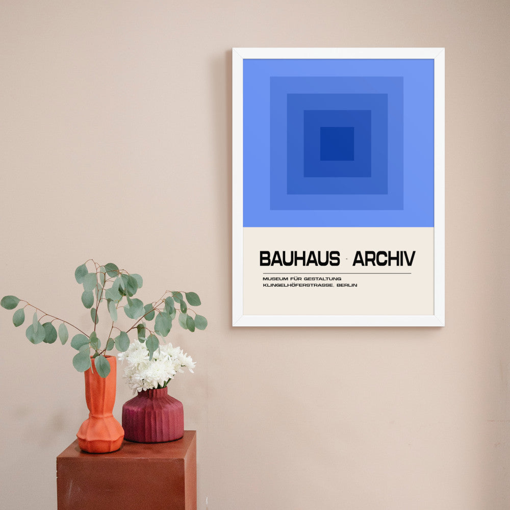 Bauhaus Blue Archiv art print in a white frame – striking abstract wall decor for minimal and contemporary spaces.