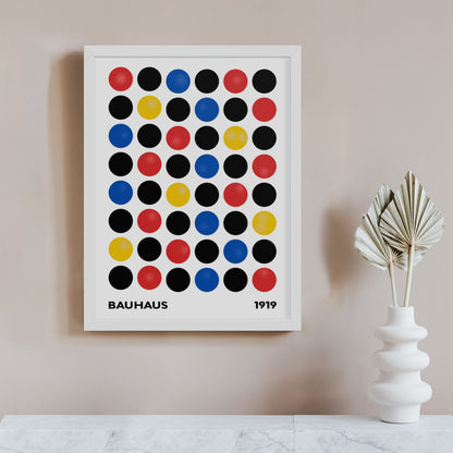 White-framed Bauhaus Dots poster – vibrant wall art with iconic Bauhaus dot pattern, ideal for clean, modern interiors.