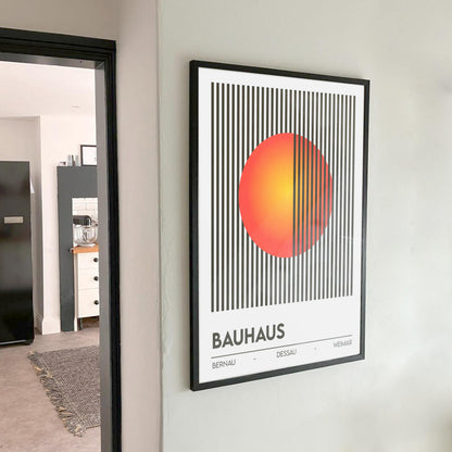 Black-framed Bauhaus Illusions poster – bold linear artwork with red-orange gradient for Bauhaus-inspired home decor.