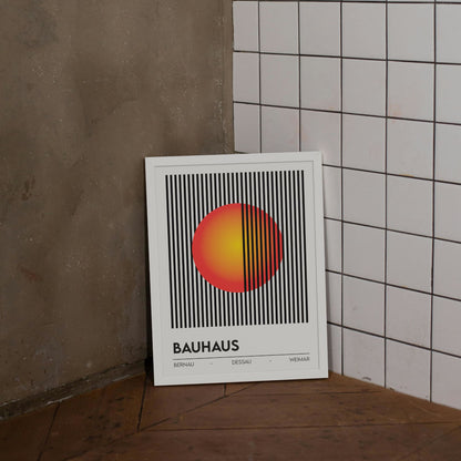Bauhaus Illusions print with optical lines and sunset tones in white frame – modern unframed or framed Bauhaus wall art.