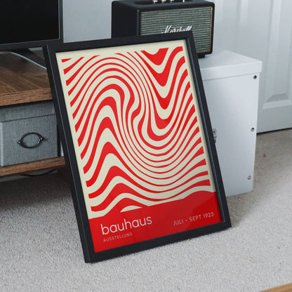bauhaus orange waves framed print on floor 